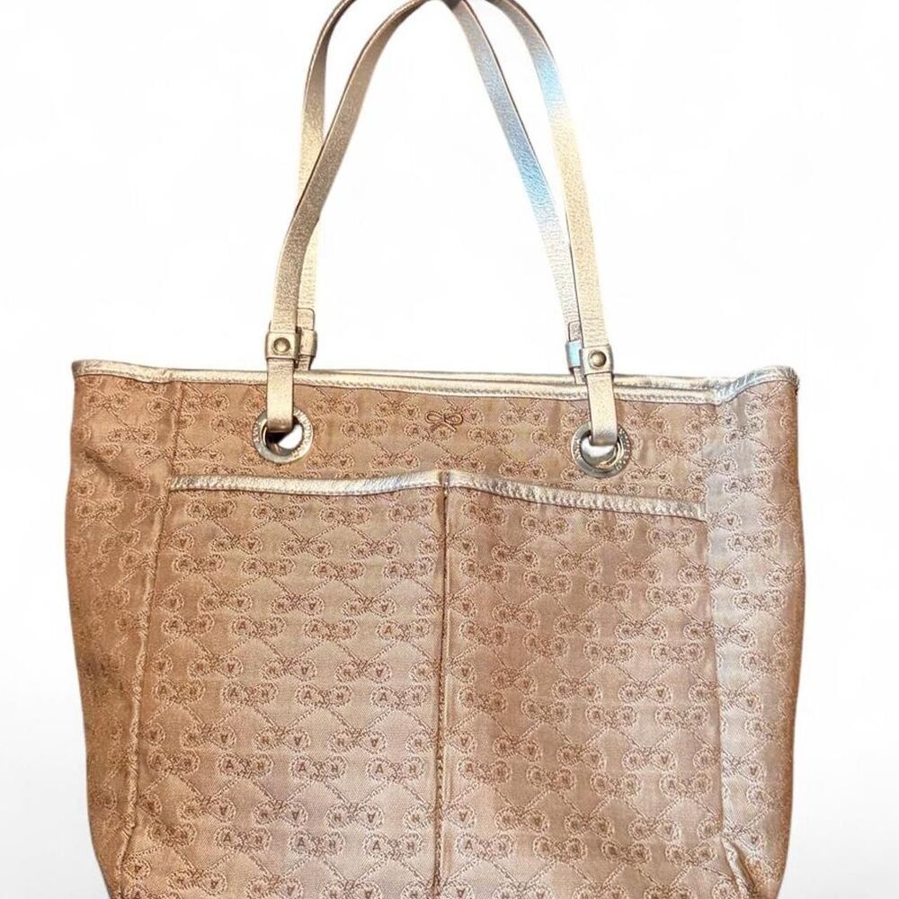 Anya Hindmarch Bow Jacquard Metallic Silver Tan Shoulder Tote Bag Large